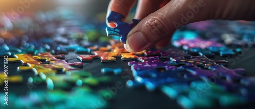 Connecting the Pieces: Hands Placing a Vibrant Puzzle Element