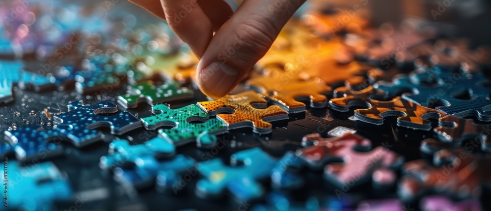 Quality Check: Craftsman Examining Jigsaw Puzzle Pieces Closely Quality Check: Craftsman Examining Jigsaw Puzzle Pieces Closely