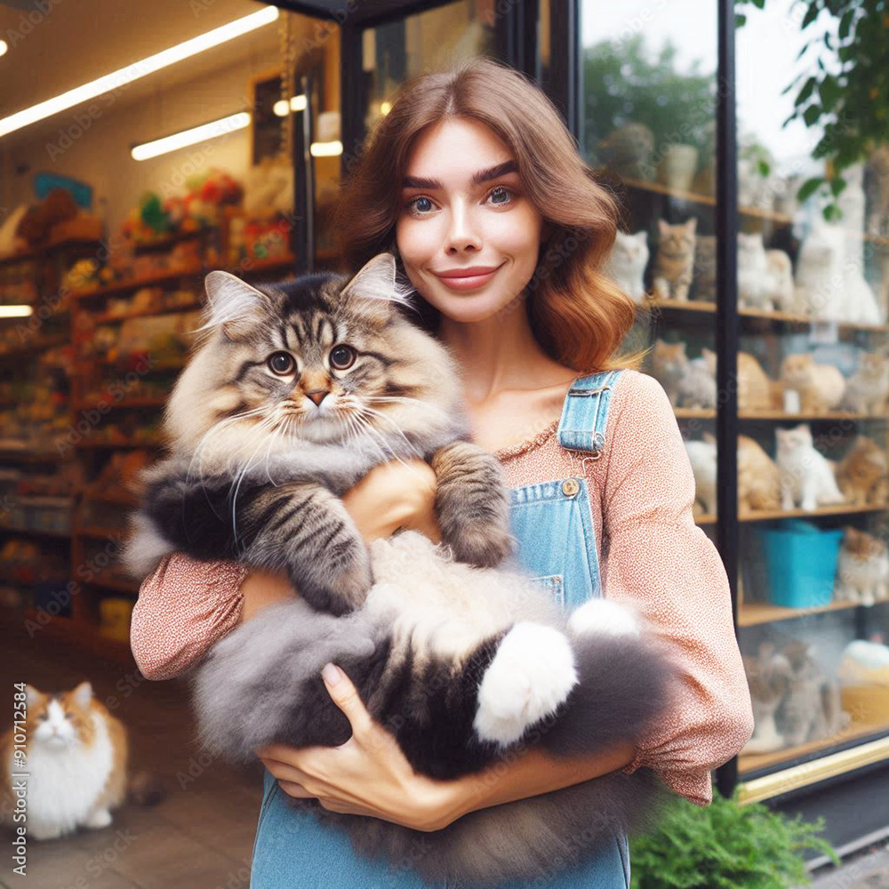 woman and cat on front of pet shop woman and cat on front of pet shop