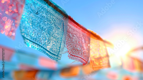 Colorful prayer flags blue sky background sunshine buddhist tibetan tradition spirituality religion culture belief faith peace wisdom asia himalayan mantra symbol travel outdoors decoration wave