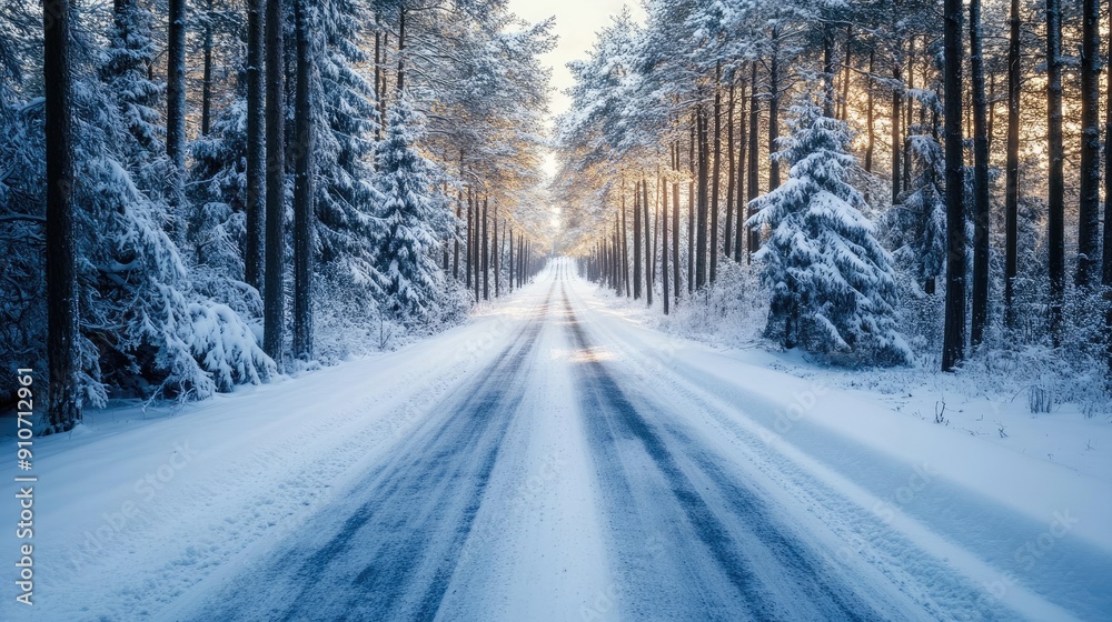 Snow-Covered Road Through a Pine Forest at Sunset Snow-Covered Road Through a Pine Forest at Sunset