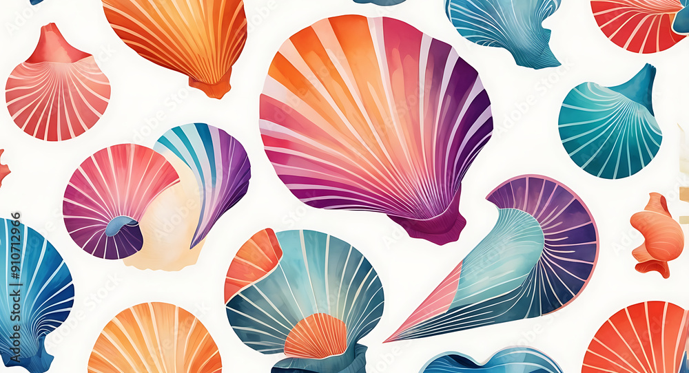 A Series of Abstract Illustrations of Shells with Geometric Patterns and Vibrant Colors, Set Against a Minimalist White Background to Highlight Their Artistic Design A Series of Abstract Illustrations of Shells with Geometric Patterns and Vibrant Colors, Set Against a Minimalist White Background to Highlight Their Artistic Design