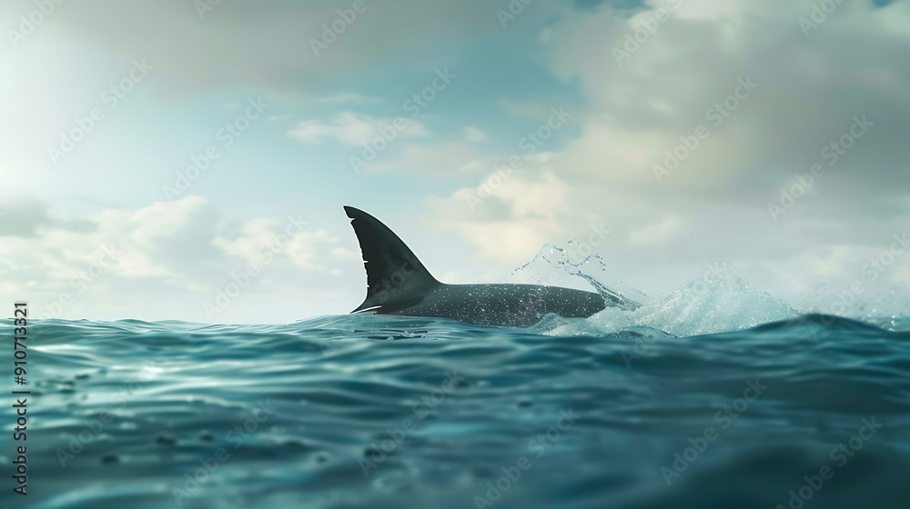 Fototapeta premium Cinematic shot of a shark's dorsal fin breaking the surface of the water.