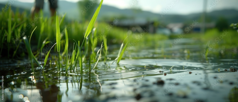 Serene Farm Life: Farmer Cultivating Grass by Pond in Documentary Serene Farm Life: Farmer Cultivating Grass by Pond in Documentary