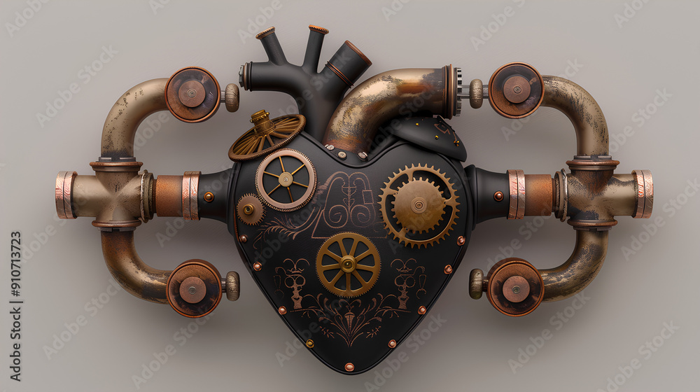 Obraz premium A steampunk mechanical heart, intricately designed with gears and pipes.