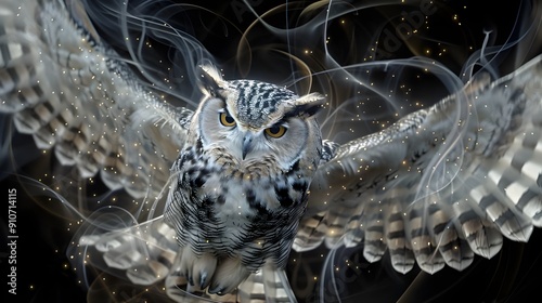 A majestic snowy owl with wide-spread wings, surrounded by swirling smoke, creating a mystical and powerful image.	