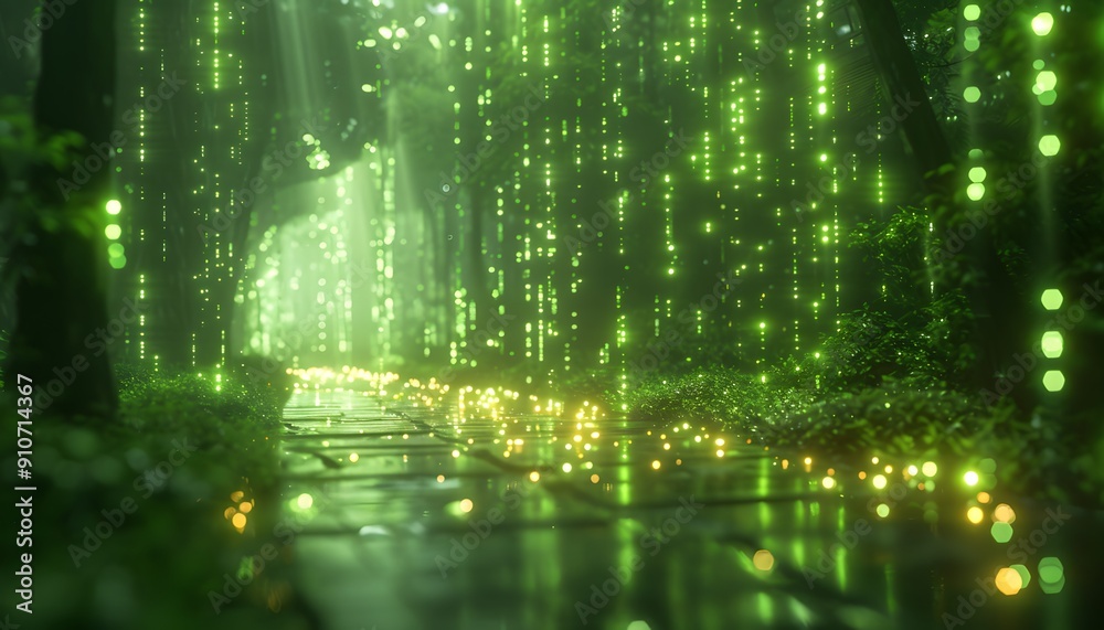 A pathway through a glowing green forest A pathway through a glowing green forest