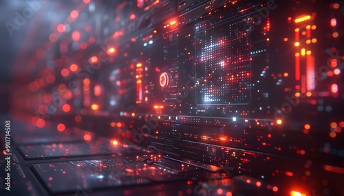 A futuristic digital interface with glowing red lights and a grid pattern