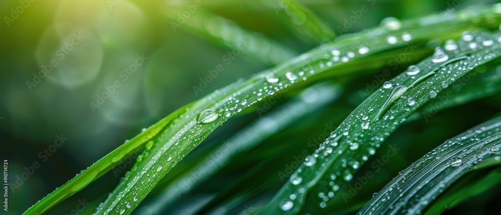 Refreshing Raindrops on Vibrant Green Grass Blades - Natural Beauty and Freshness Concept Refreshing Raindrops on Vibrant Green Grass Blades - Natural Beauty and Freshness Concept