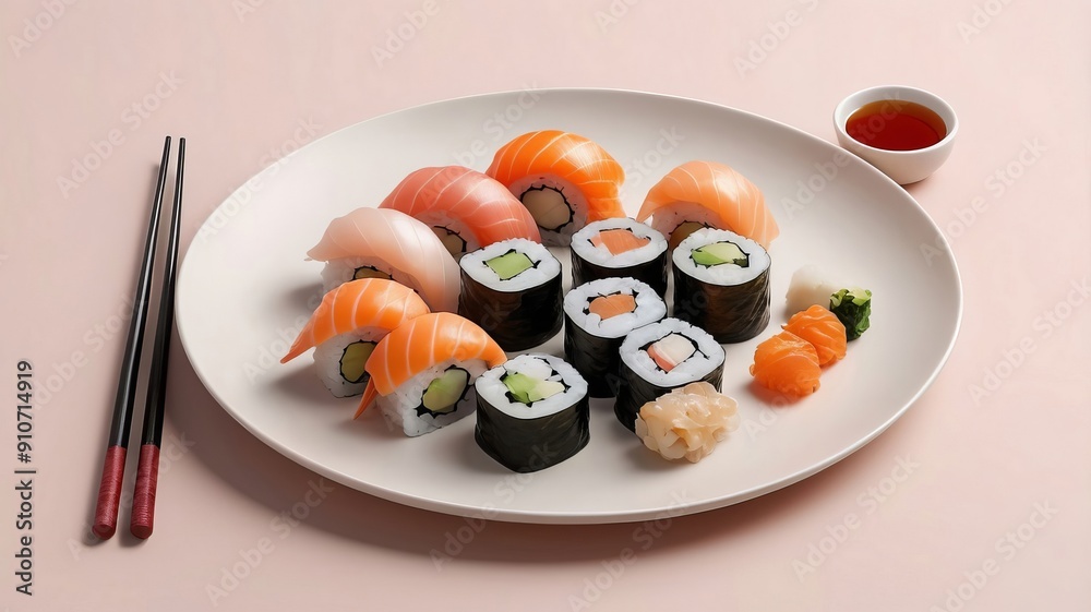 Sushi set on a plate with chopsticks on a pink background