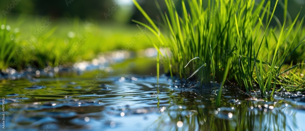 Serene Reflection of Lush Green Grass in Tranquil Pond Water Serene Reflection of Lush Green Grass in Tranquil Pond Water
