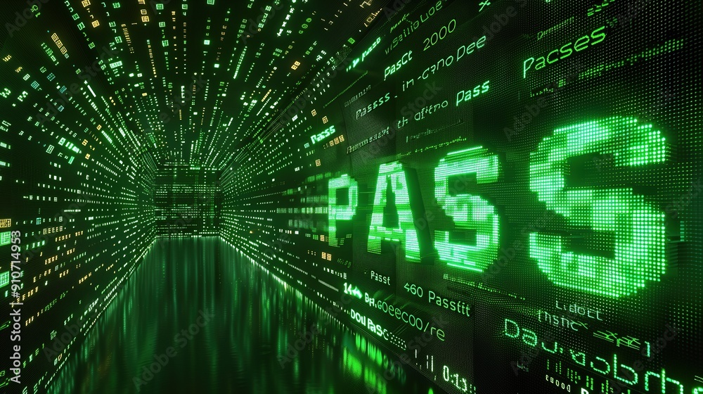 Digital code stream highlights 'PASS', symbol of cybersecurity and triumph. Digital code stream highlights 'PASS', symbol of cybersecurity and triumph.
