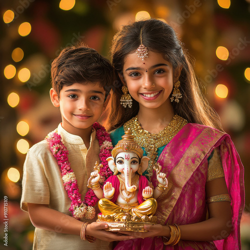 Indian siblings holding lord ganesha sculpture photo