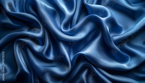 Close-up of a blue, silky fabric with many folds and creases