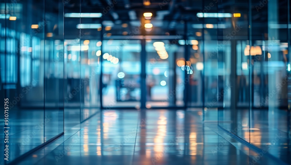 Fototapeta premium Abstract View of a Glass-Walled Hallway with Blurred Lights