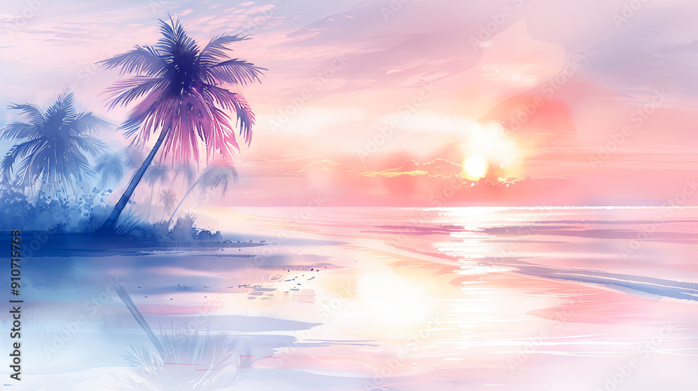 Tropical beach sunset landscape with palm trees ocean and shining sun idyllic scenery for relaxation vacation paradise concept Tropical beach sunset landscape with palm trees ocean and shining sun idyllic scenery for relaxation vacation paradise concept