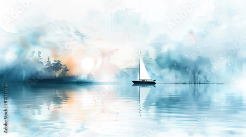 Sailboat on calm lake water with reflection digital art painting abstract art watercolor