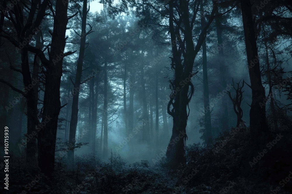 Fototapeta premium A Silhouetted Forest Path Through Thick Fog