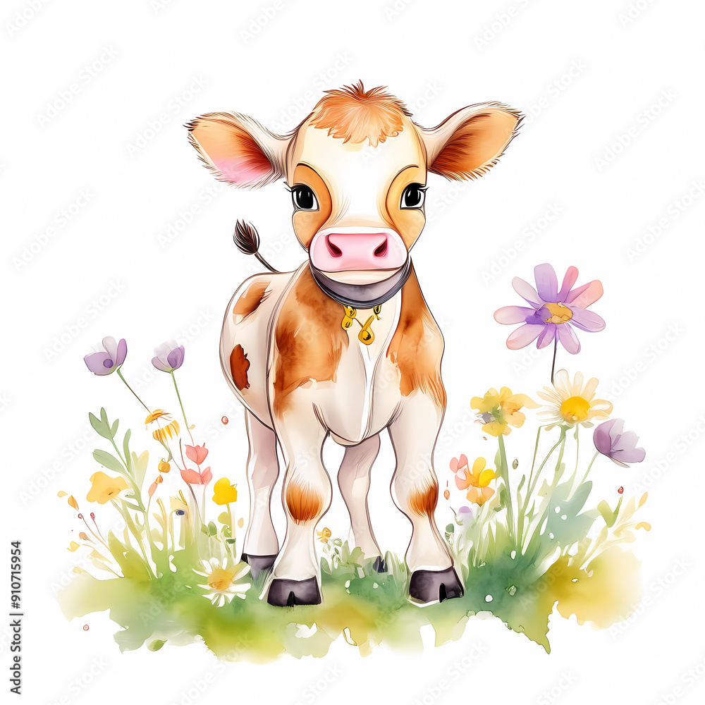 cute cow on meadow isolated on white background in watercolor, generated ai cute cow on meadow isolated on white background in watercolor, generated ai