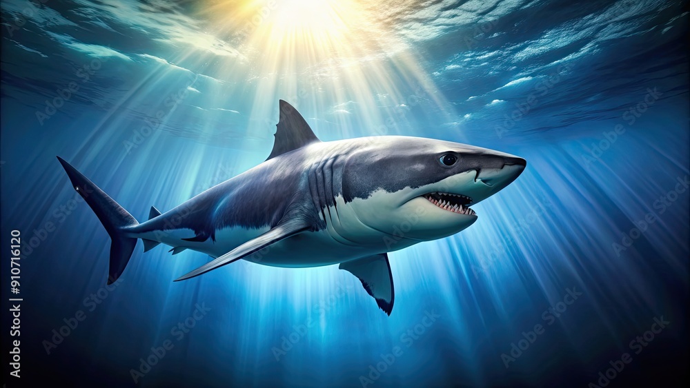 Fototapeta premium Powerful shark swimming in the deep ocean, predator, fierce, underwater, marine life, danger, ocean, wildlife, teeth