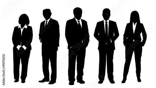 Business people group black silhouettes pose on white background, flat line vector and illustration.