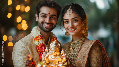 Young indian couple celebrating lord ganesha festival. photo