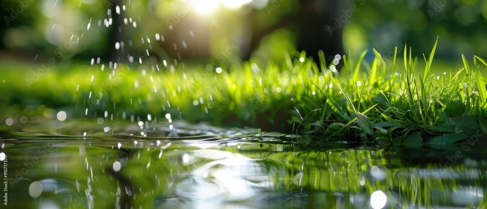 Lush Greenery: Watering the Grass Around a Tranquil Pond for Healthy Growth Lush Greenery: Watering the Grass Around a Tranquil Pond for Healthy Growth