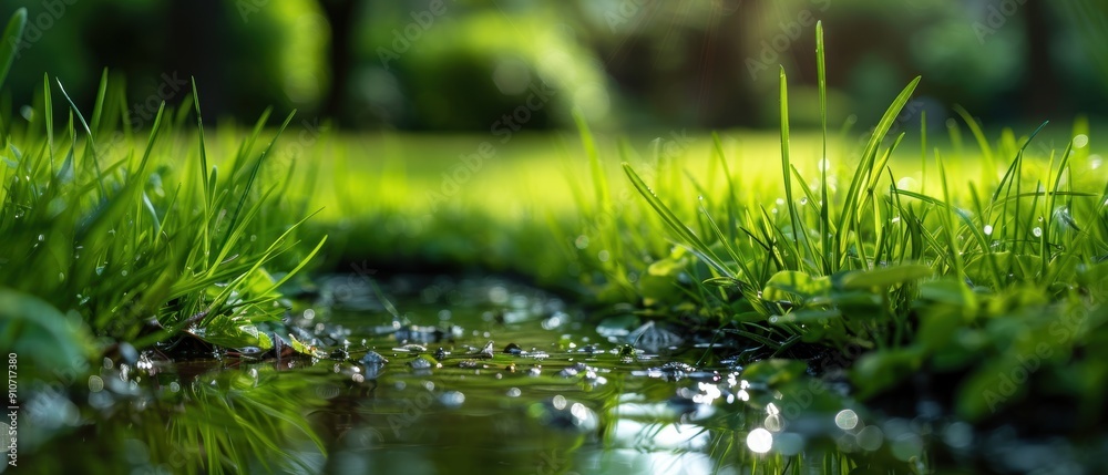 Serene Pond Reflection with Vibrant Green Grass - Ideal Nature and Garden Photography Background Serene Pond Reflection with Vibrant Green Grass - Ideal Nature and Garden Photography Background