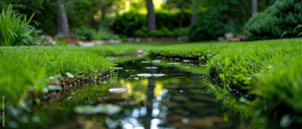 Serene Pond Surrounded by Lush Green Grass - Ideal Nature and Garden Photography Background Serene Pond Surrounded by Lush Green Grass - Ideal Nature and Garden Photography Background