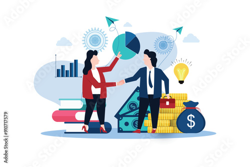 woman and man business handshake vector. successful team business porter. The investors held the money in the idea