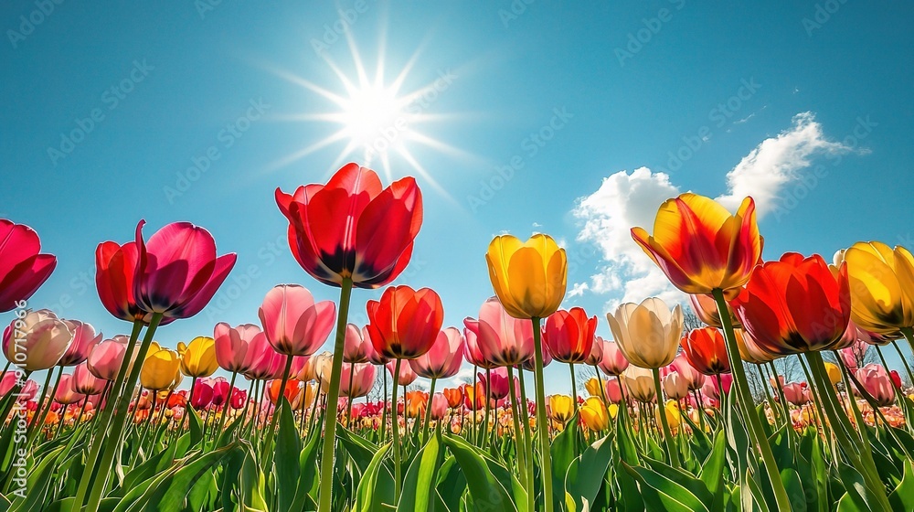 Sun-Kissed Tulips: A vibrant field of colorful tulips basks in the golden glow of the sun, creating a picturesque scene of spring beauty and renewal. Sun-Kissed Tulips: A vibrant field of colorful tulips basks in the golden glow of the sun, creating a picturesque scene of spring beauty and renewal.