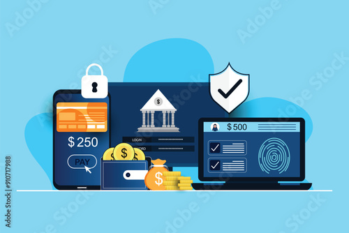 Log into online bank account with different devices, Online bank login page with username and password, Money transfer and cash withdrawal