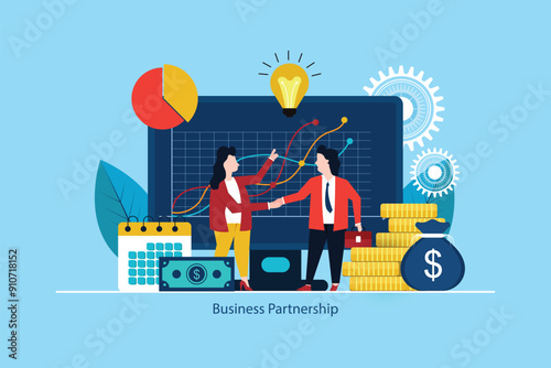 successful team business porter. The investors held the money in the idea. creative project financing. woman and man business handshake vector 