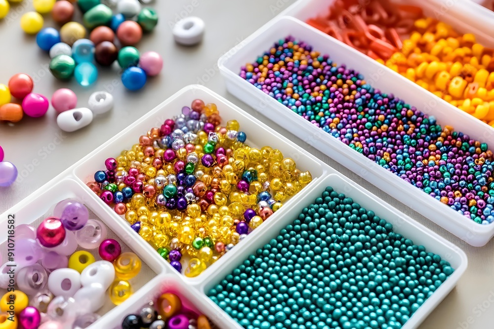 Set of for needlework and beading. Kids handmade beaded jewelry and different multi-colored beads for children's crafts in boxes. DIY art activity for kids. Motor skills, creativity and hobby. Set of for needlework and beading. Kids handmade beaded jewelry and different multi-colored beads for children's crafts in boxes. DIY art activity for kids. Motor skills, creativity and hobby.