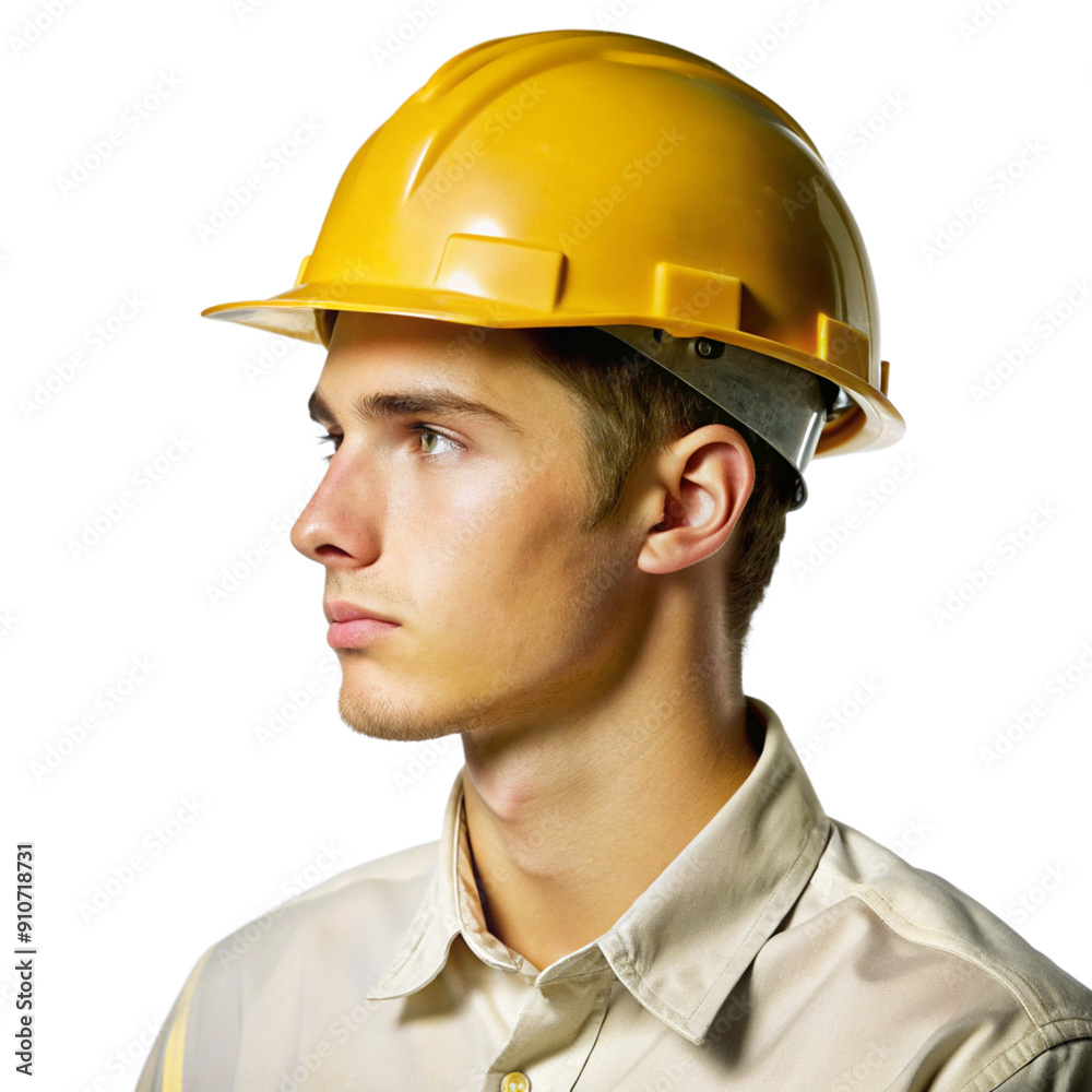 Young male construction worker wearing hardhat, side view isolated on white background. Generative AI. Young male construction worker wearing hardhat, side view isolated on white background. Generative AI.