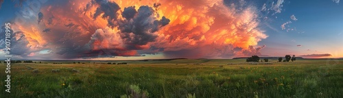 Stunning Panoramic Sunset Over a Vast Grassland with Dramatic Clouds and Vibrant Colors