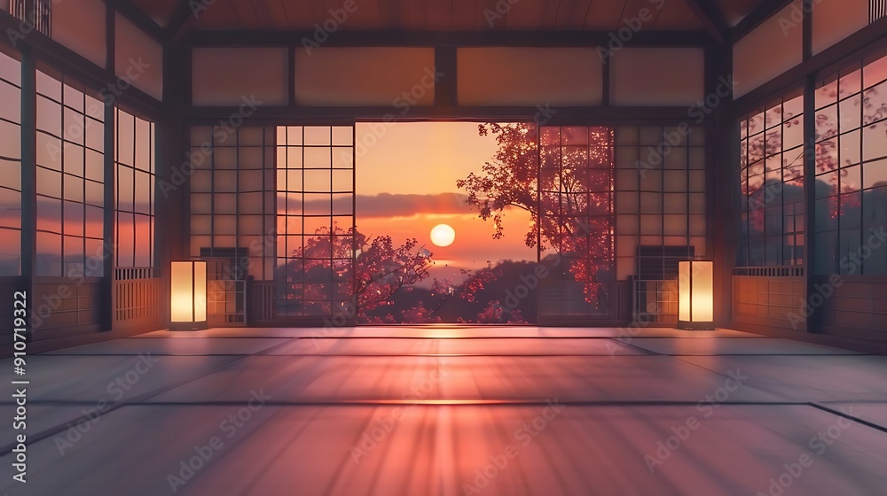 Fototapeta premium Traditional Japanese Room with Sunset View Through Sliding Doors.
