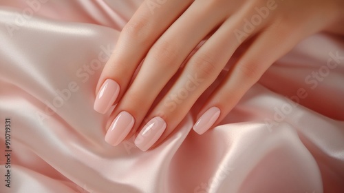 Wallpaper Mural Closeup of a Woman's Hand with Pink Gel Manicured Nails on a Satin Fabric Torontodigital.ca