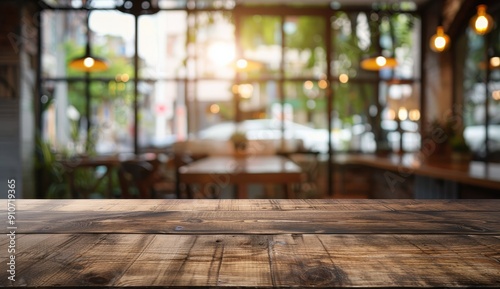 Wooden Tabletop with Blurred Cafe Background