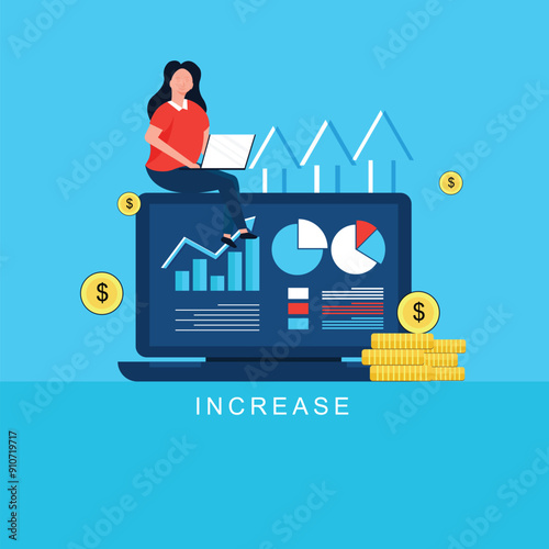 Salary rate increase with growth up arrow and people character. Finance statistic performance of return on investment ROI