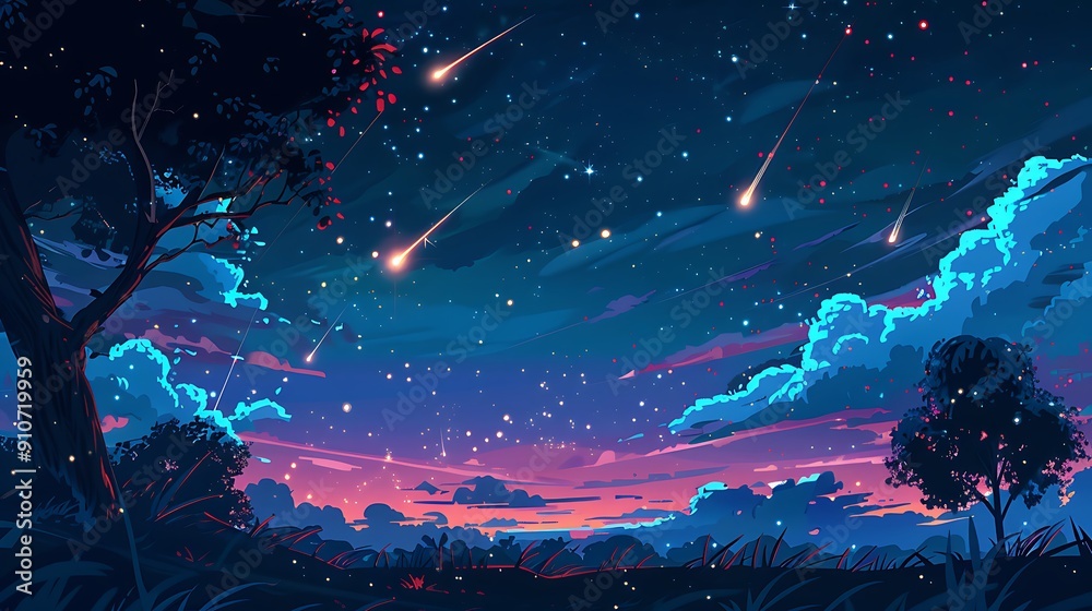 Obraz premium Night Sky with Shooting Stars and Trees. The image is a peaceful night landscape featuring trees silhouetted against a backdrop of a dark blue sky filled with stars and shooting stars.