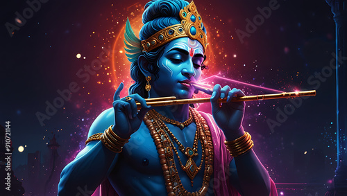 A Modern Digital Illustration of Lord Krishna with a Futuristic Background, Featuring Elements Like Holographic Flutes and Neon Lights, Blending Traditional Divine Imagery with Contemporary Style