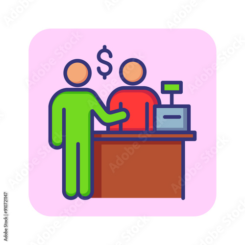 Customer at cashdesk line icon. Bank service, buying, financial advisor. Currency concept. Vector illustration can be used for topics like banking, finance, shopping photo