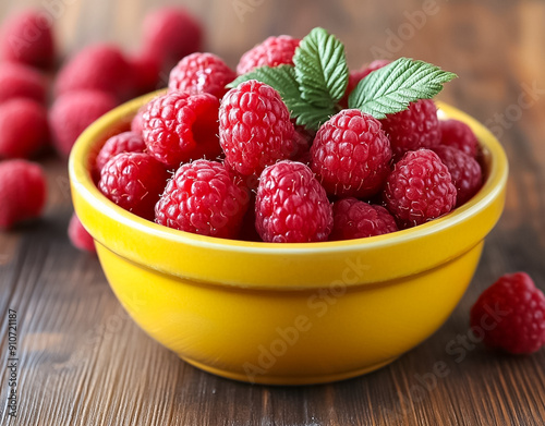 Fresh raspberries in a yellow bowl on a wooden table.