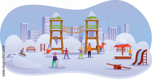 Children playing making snowman winter city park playground having fun outdoors leisure activity photo