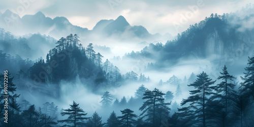 A peaceful mountain landscape with soft pine tree outlines