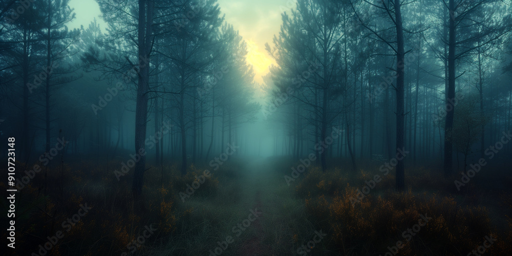 A woodland at dawn with a misty veil and subtle trees A woodland at dawn with a misty veil and subtle trees