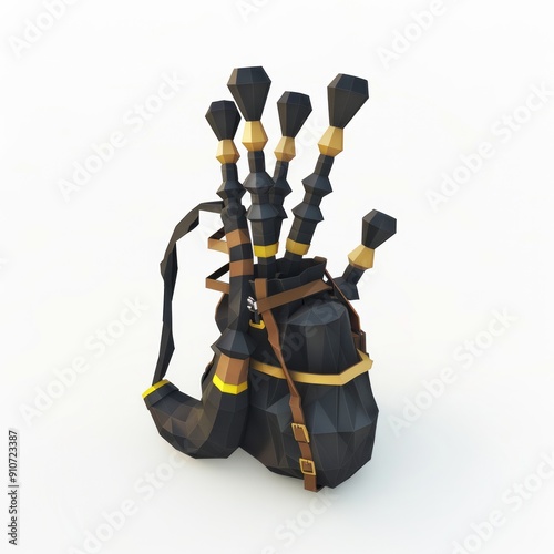 3D Render, Low Poly style of a bagpipe with a bag and multiple pipes, on isolated white background, Generative AI photo