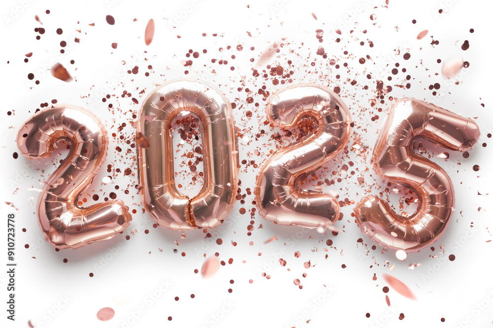 Happy new year 2025 balloons and confetti over white background