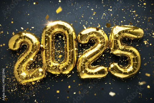 Happy New Year 2025.2025 number gold foil balloons and confetti